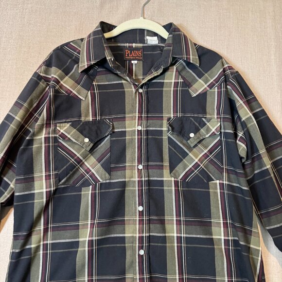 Plains Western Wear Snap Front Plaid Shirt Medium Black Olive Maroon Pearl Snap - Picture 5 of 7